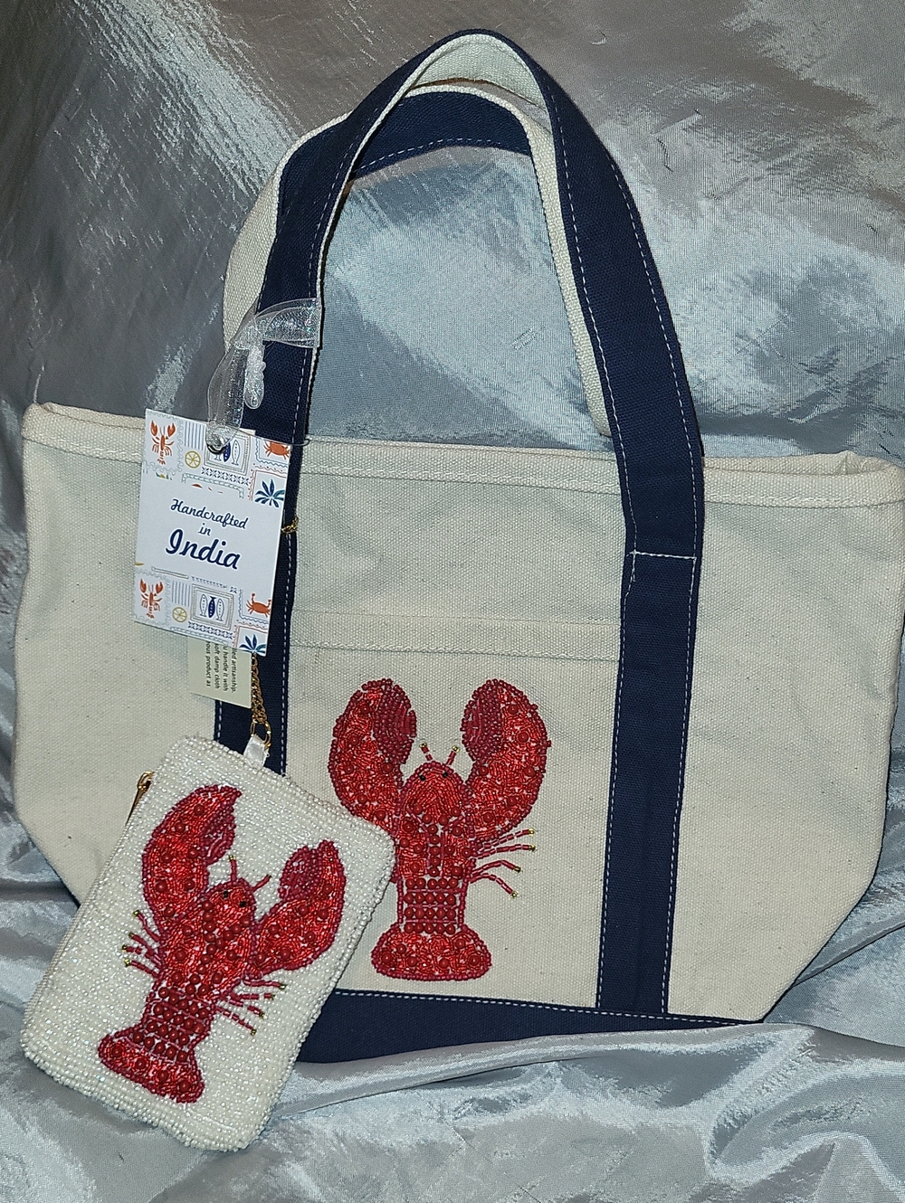 Handcrafted In India Canvas Tote with Navy Straps and Red Beaded Lobster Motif